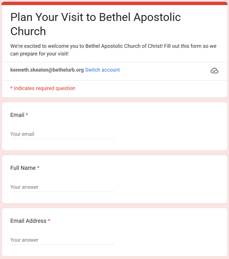 picture of Bethel Apostolic Church of Christ Plan Your Visit form.